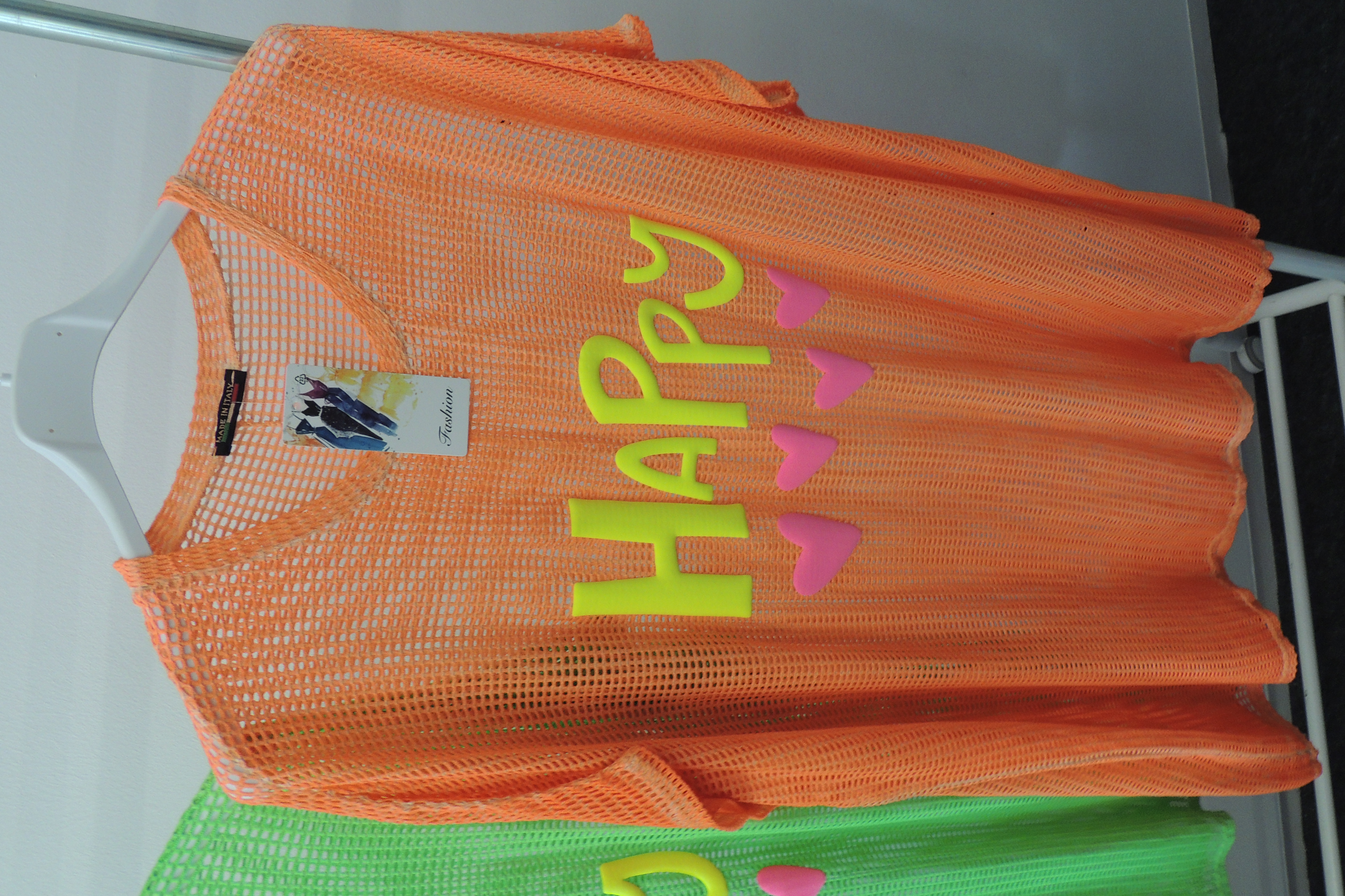 Überwurf Hänger Shirt Netz cut out Lochi Happy Spruch Made Italy 44,46,48