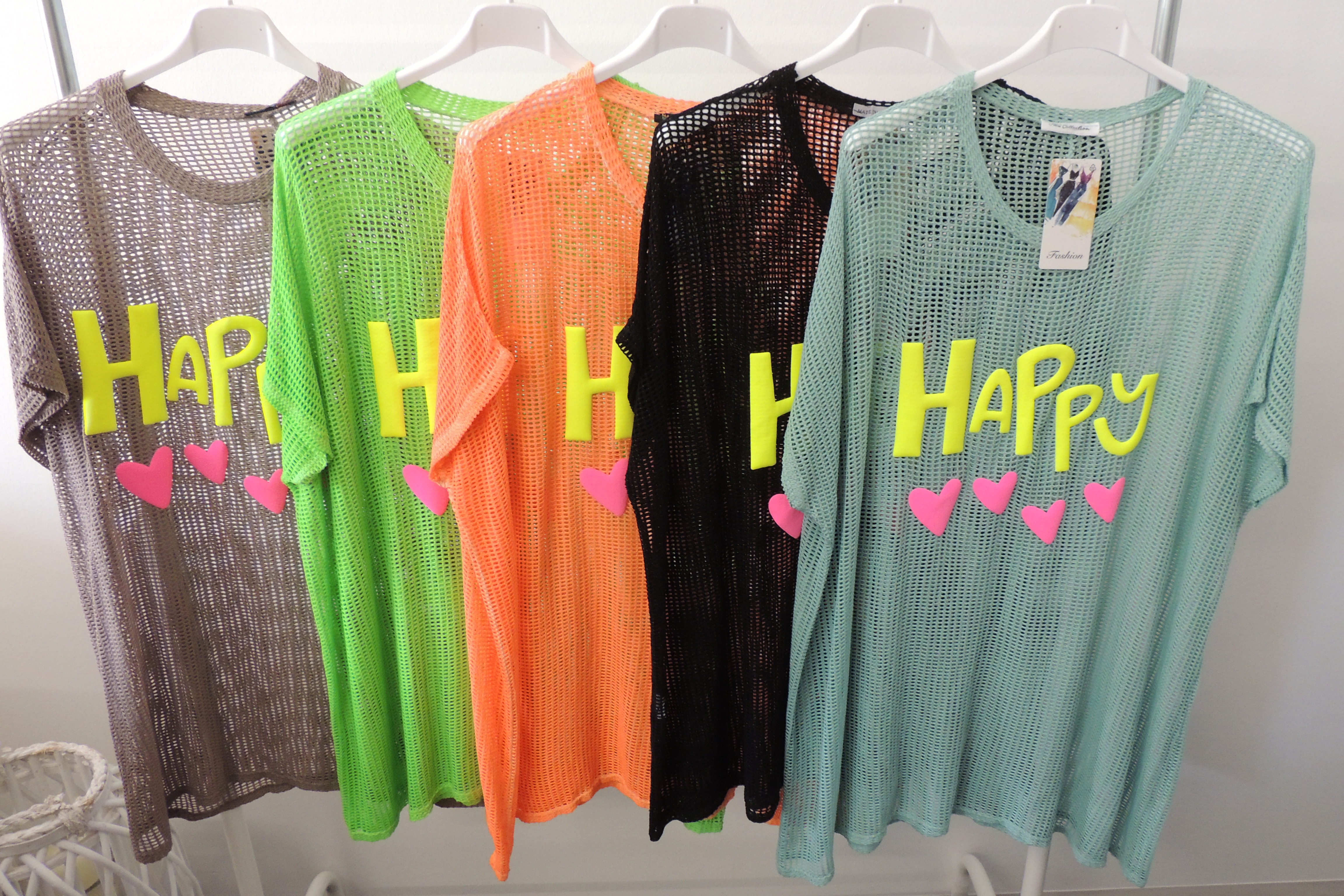 Überwurf Hänger Shirt Netz cut out Lochi Happy Spruch Made Italy 44,46,48