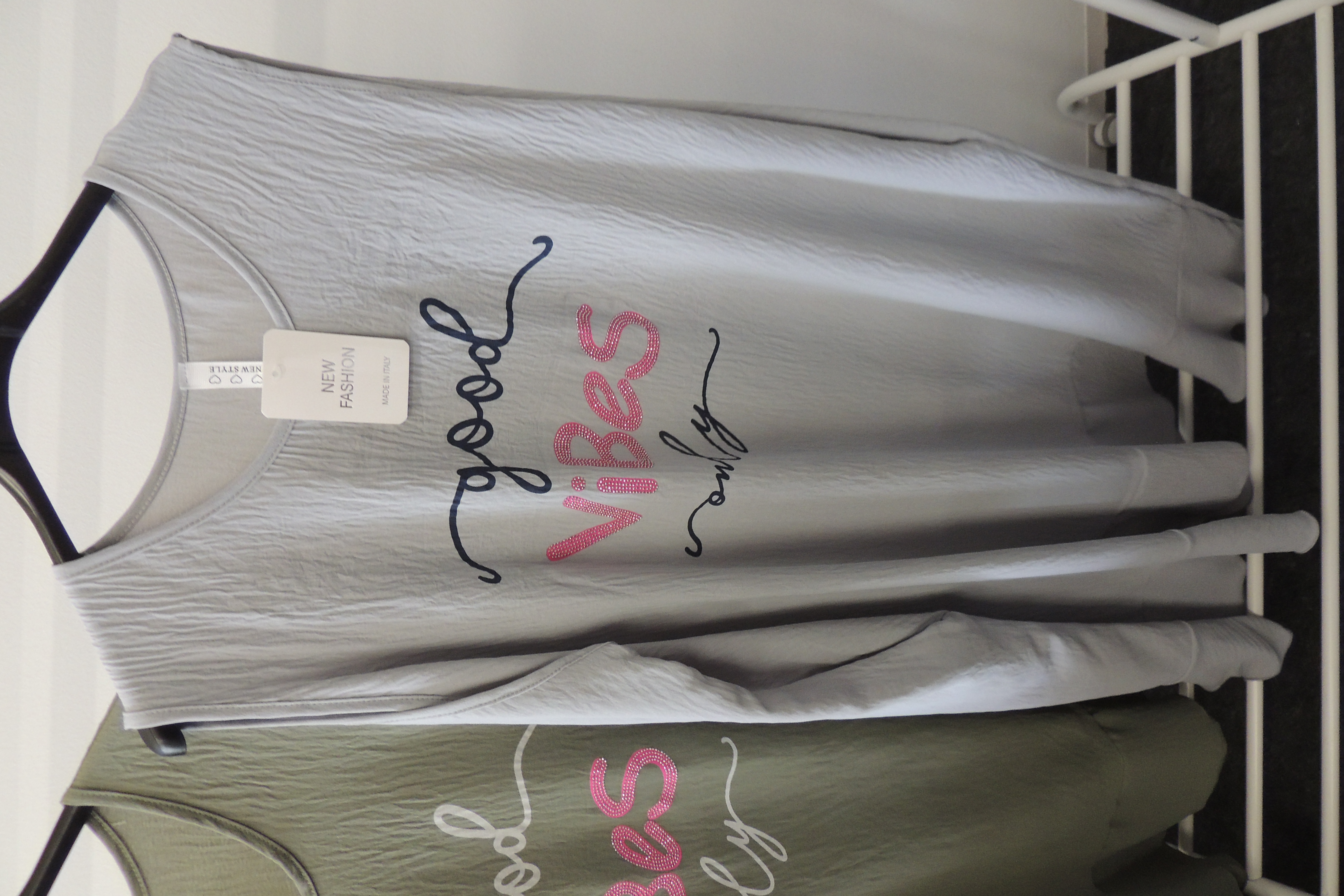 Kleid Sommerkleid Hängerchen Shirt Spruch Good vibes on Made Italy46,48,50