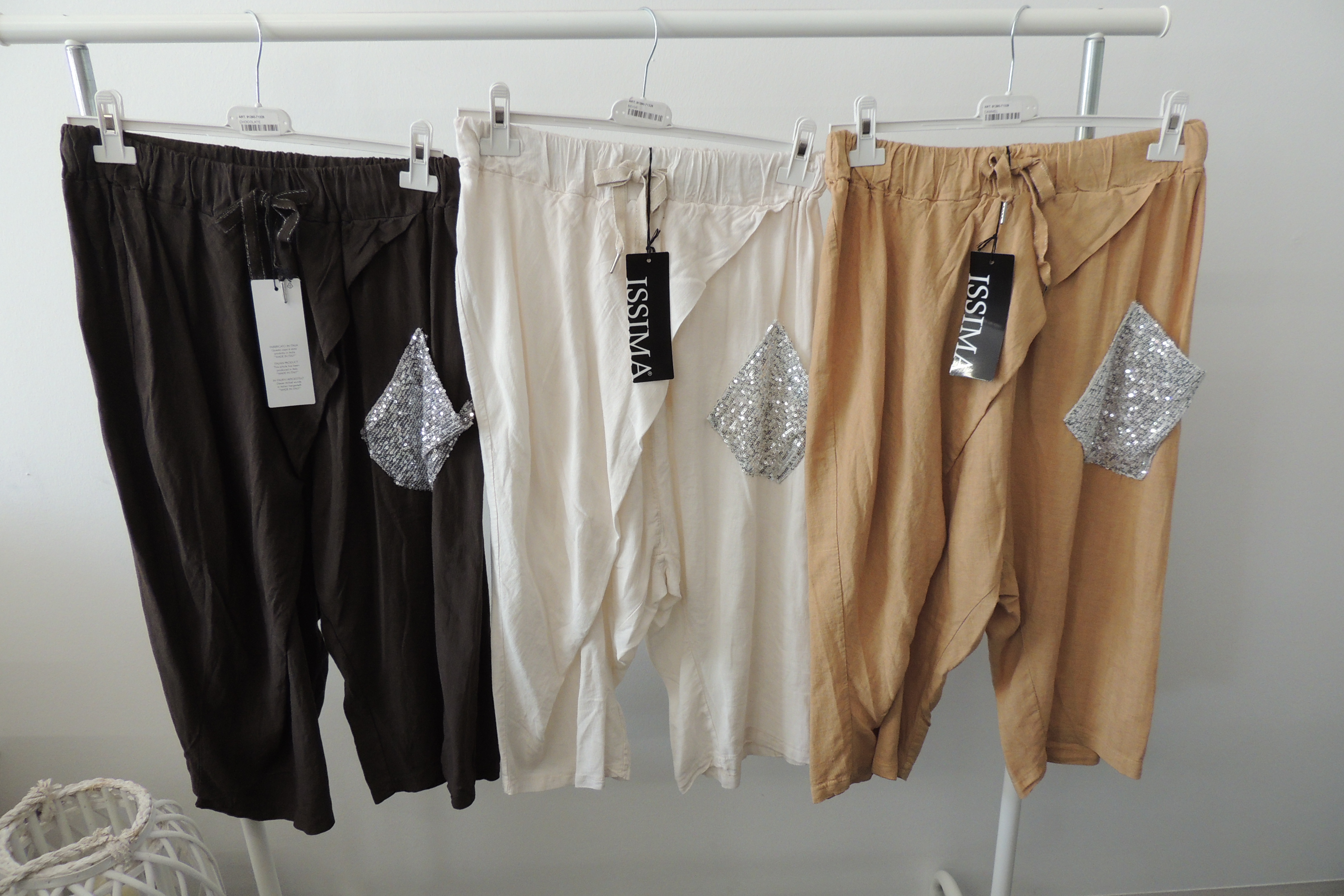 Hose Jogpant Paillette Leinen Baggy Capri 3/4 Made Italy Gr. 42,44,46